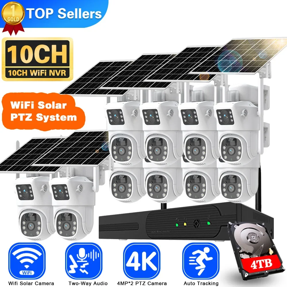 Home Security Monitor - ระบบกล้องวงจรปิดพลังงานแสงอาทิตย์ Wi-Fi 4K 8MP สองเลนส์คู่ชุด NVR