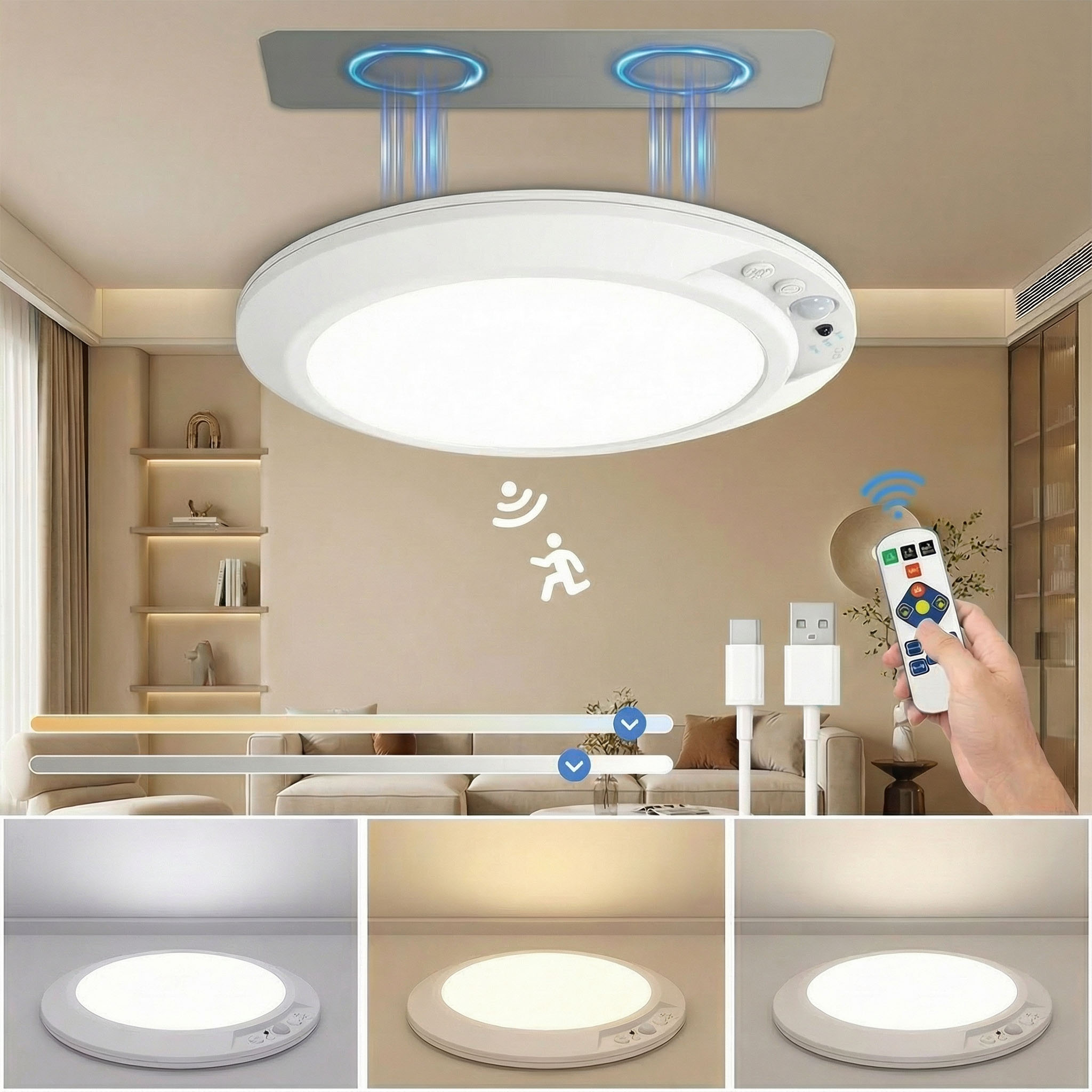 Home Security Beams - ไฟเพดาน LED แบบชาร์จไฟได้พร้อมเซ็นเซอร์ตรวจจับความเคลื่อนไหว ไฟรักษาความปลอดภัยไร้สายทรงกลม สำหรับทางเดิน บันได