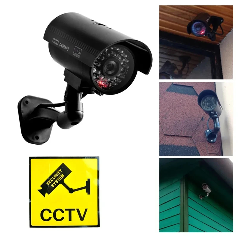 Home Security Beams - กล้องจำลองรูปทรงกระสุน กล้องปลอมสำหรับภายนอกอาคาร พร้อมไฟ LED กันน้ำ มีไฟกระพริบ