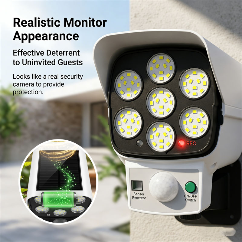 Home Security Beams - กล้องวงจรปิดจำลองพลังงานแสงอาทิตย์ พร้อมเซ็นเซอร์ตรวจจับความเคลื่อนไหว ไฟ LED ส่องสว่าง กันน้ำ